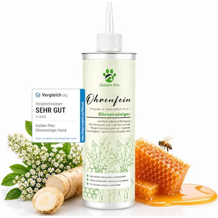 Golden Pets Ohrenreiniger "Ohrenfein", 100% natürliche Ohrenspülung gegen Juckreiz, Entzündung & Ohrenschmalz, 250ml
