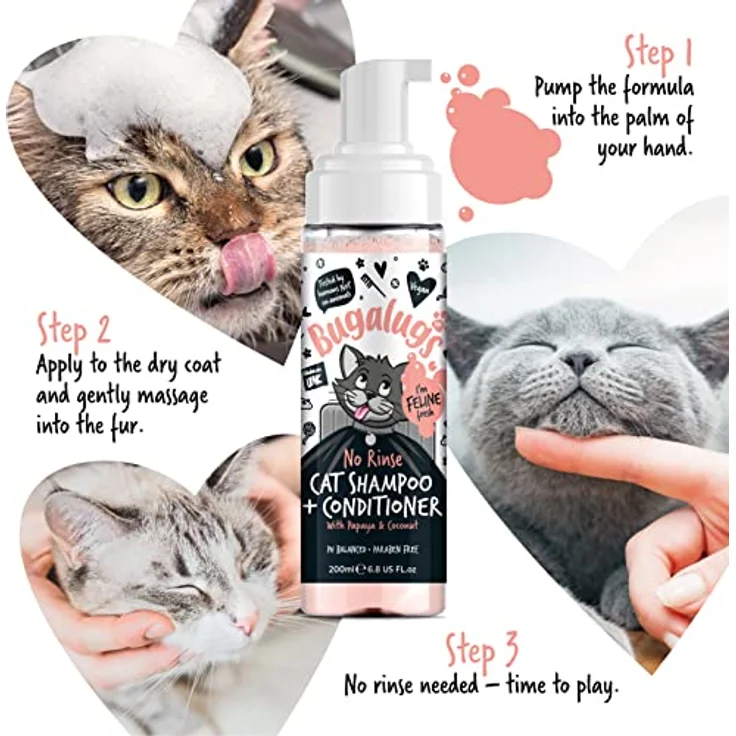 Bugalugs Katzenshampoo 2 in 1 ohne Wasser, pH-neutral, 200ml, Papaya und Kokosduft, für wasserscheue Katzen – Bild 6