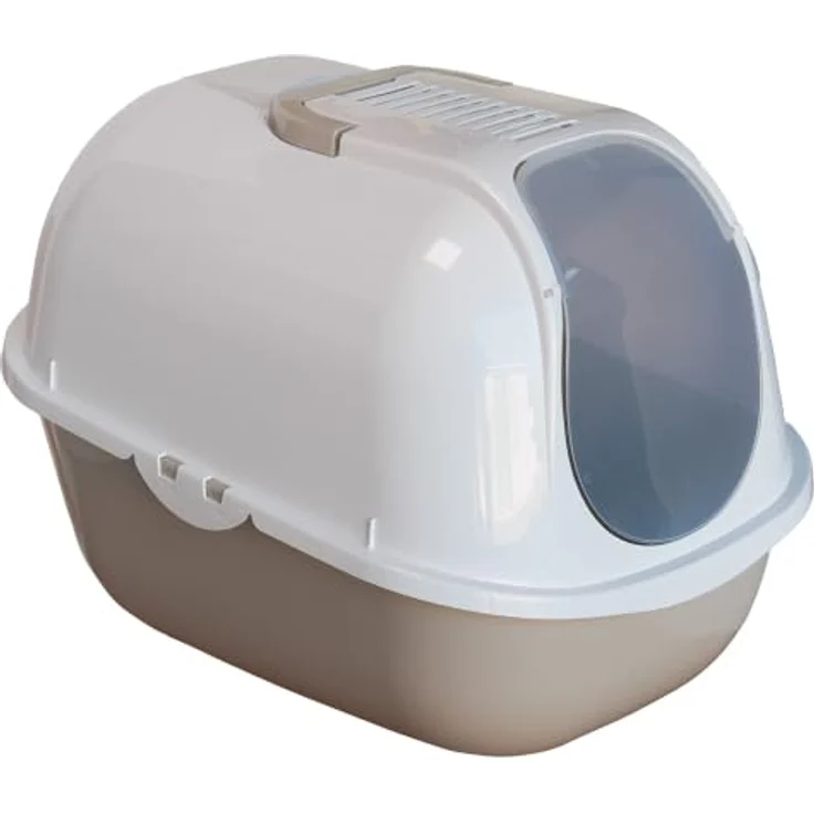 adena Katzentoilette Sondermodell 50, Katzenklo mit Haube in Hochglanz Weiß und graubeige, inkl. Schaufel, Filter und erhöhtem Eingang – Bild 2