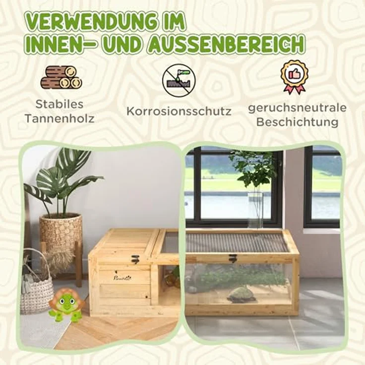 PawHut Schildkrötenhaus Holz, aufklappbare Oberseite, erweiterbarer Reptilienkäfig mit Netz-Dach, Gelb – Bild 3