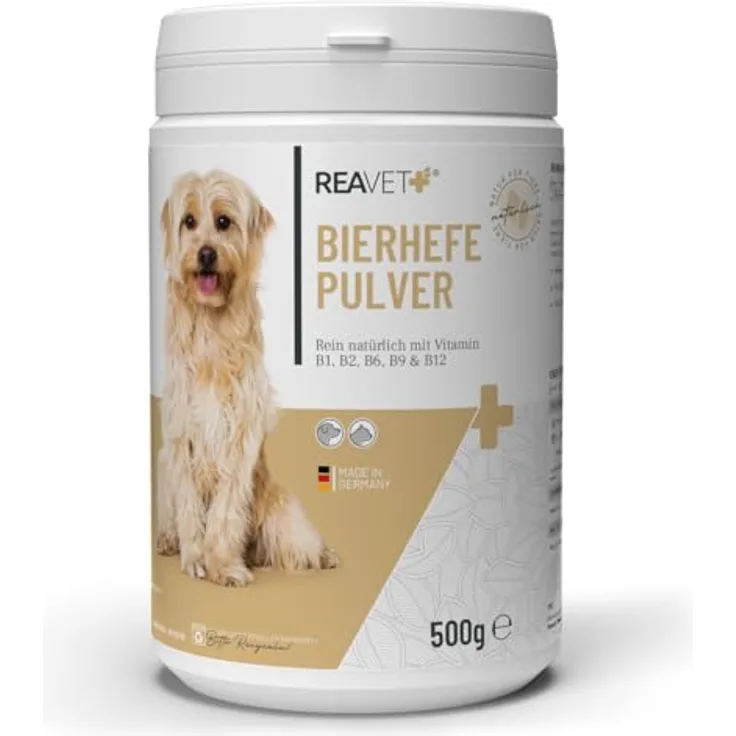 ReaVET Bierhefe Pulver für Hunde & Katzen, 500g – Naturprodukt zur Unterstützung von glänzendem Fell und vitaler Haut, reich an Biotin und B-Vitaminen