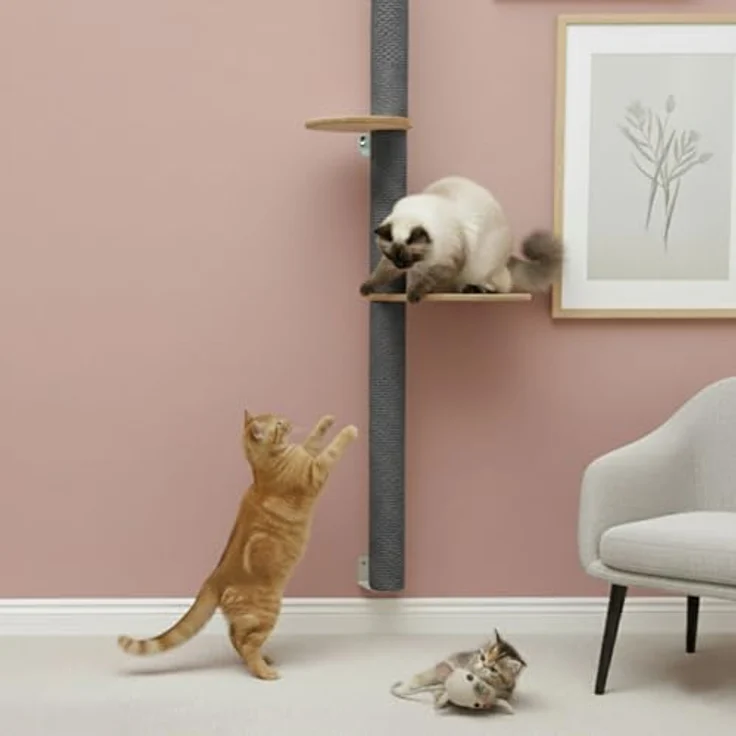 eyepower Kratzbaum zur Wandmontage Luna, 205cm Wandkratzbaum mit 4 drehbaren Bambus Plateaus und Sisalstämmen, platzsparende Kletterwand für Katzen – Bild 5