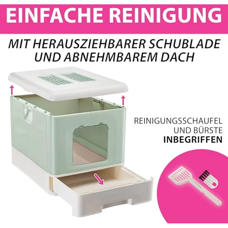 Ferplast Katzentoilette mit Schublade, Katzenklo mit Deckel, Aktivkohlefilter, inklusive Schaufel und Bürste, Pfotenreinigungsgitter, L 39 x T 52 x H 40 cm, Grün – Bild 5
