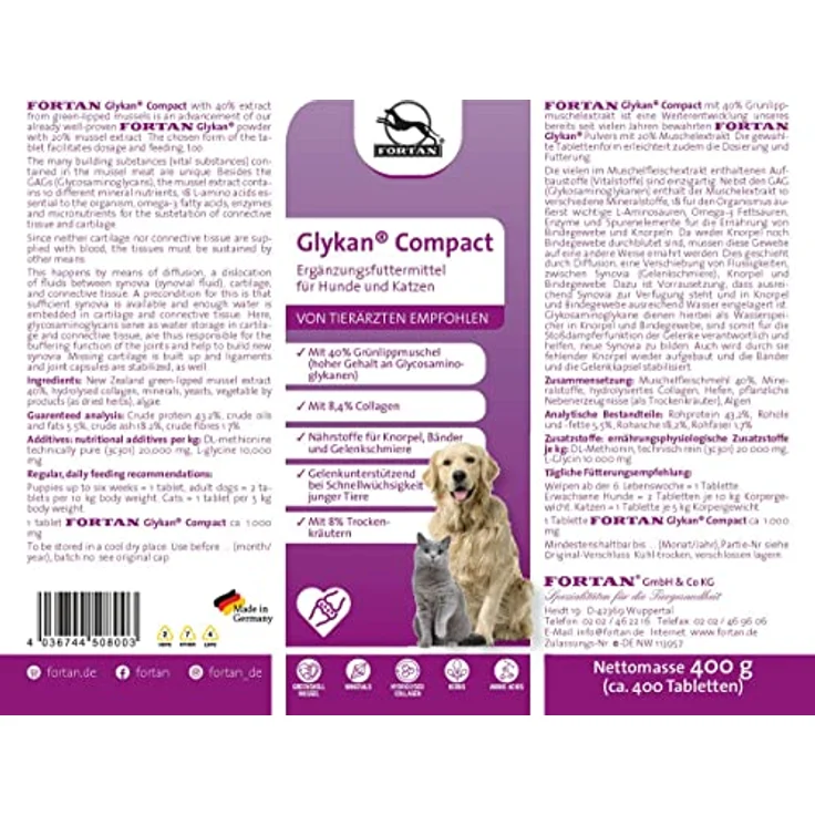 Fortan Glykan Compact, Vitamine für Hunde mit hohem Grünlippmuschelfleischanteil, 400 g – Bild 2