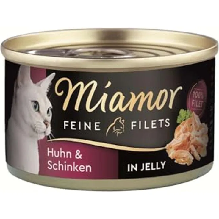 Miamor Feine Filets Huhn & Schinken, Ergänzungsfuttermittel für Katzen, 24x100g, ohne Leber und Innereien, leicht verdaulich, fettarm