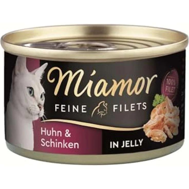 Miamor Feine Filets Huhn & Schinken, Ergänzungsfuttermittel für Katzen, 24x100g, ohne Leber und Innereien, leicht verdaulich, fettarm – Bild 1