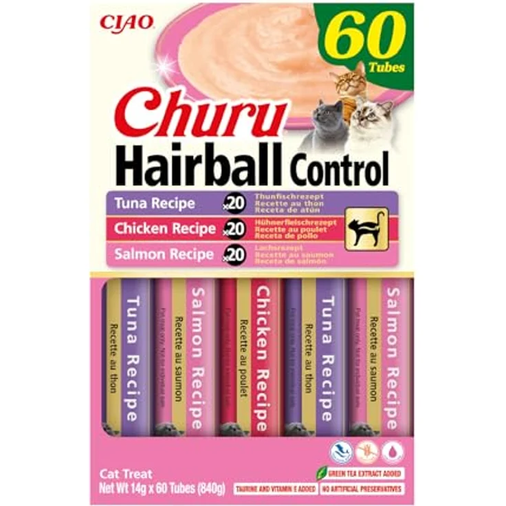 INABA Churu Hairball Control Katzenleckerlis, Cremige Schleckies mit Thunfisch, Huhn & Lachs, Reich an Omega 3 & 6, Ohne Getreide und Zucker, 60 x 14 g – Bild 2