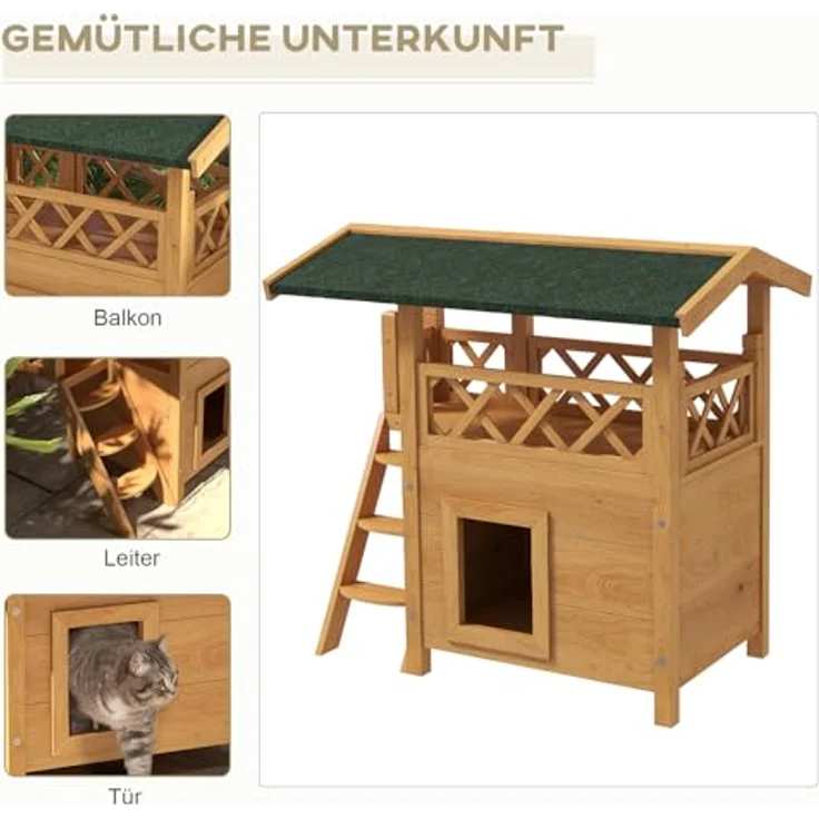 PawHut Katzenhaus mit Asphaltdach, 2-stöckig, Katzenhütte mit Balkon und Treppe aus massivem Fichtenholz, Natur, 77 x 50 x 73 cm – Bild 3