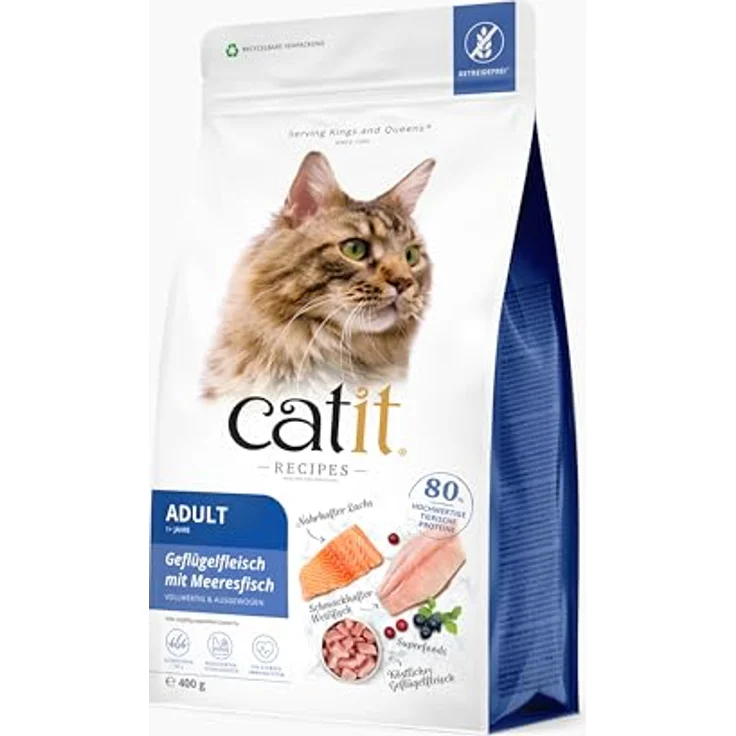 Catit Recipes Premium Trockenfutter für Katzen, mit Geflügelfleisch und Meeresfisch, 400g, Alleinfuttermittel, hilft Stuhlgeruch zu reduzieren, ohne Getreide – Bild 1