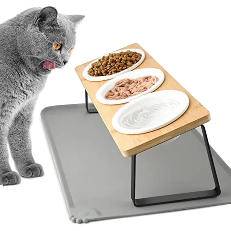 Lannvan Katzennapf Erhöht - 3er Set Futternapf aus Keramik mit Silikonunterlage, 15° Neigung, rutschfest, ideal für Katzen und kleine Hunde