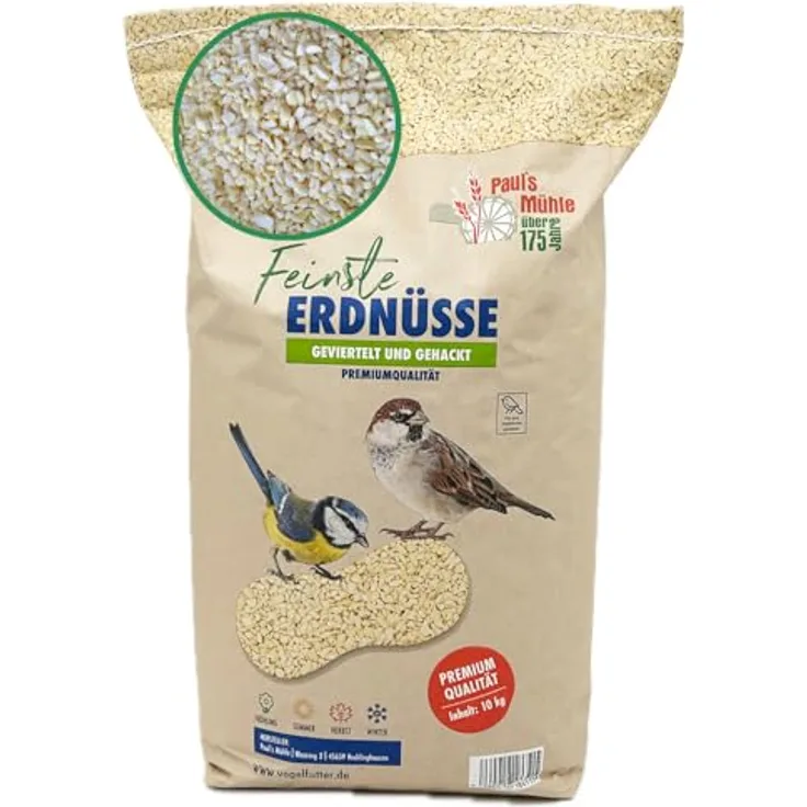 Paul´s Mühle Erdnüsse für Vögel, gehackte Erdnusskerne, 10 kg, Premiumqualität aus Argentinien, ganzjähriger Vogelsnack