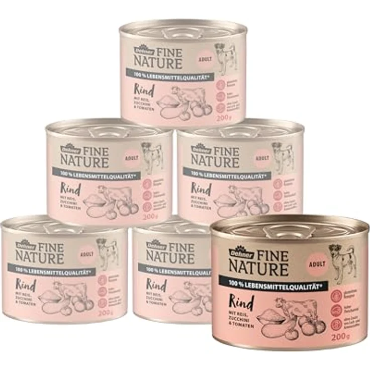 Dehner Fine Nature Hundefutter, Nassfutter in Lebensmittelqualität für ausgewachsene Hunde, Rind mit Reis, Zucchini und Tomaten, 6 x 200 g Dose (1.2 kg) – Bild 1