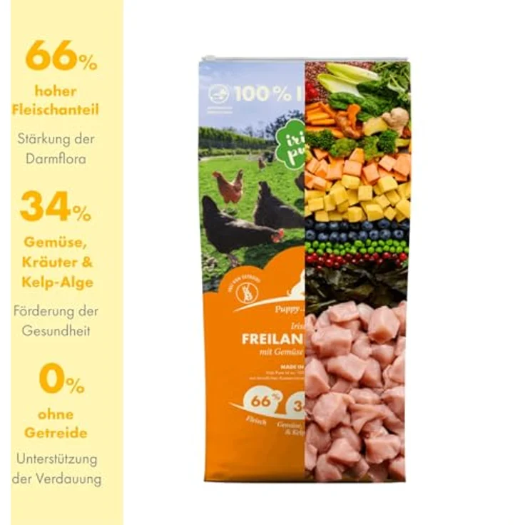 Irish Pure Puppy Trockenfutter, 12kg Welpenfutter mit Freiland-Huhn, Kelp-Alge & Gemüse, hoher Fleischanteil, getreidefrei, sensitiv, für alle Rassen – Bild 2
