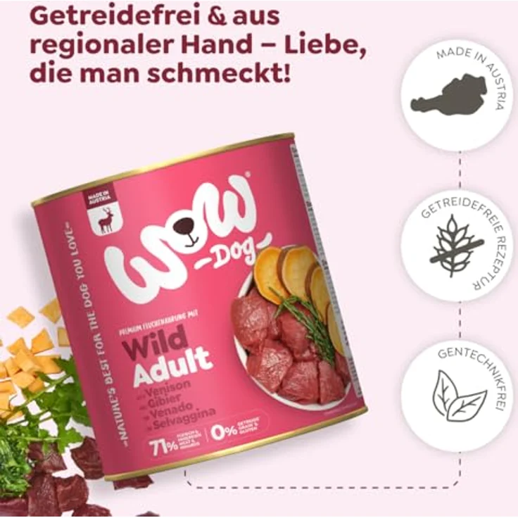 WOW Adult 6 x 800 g - Wild, Hochwertiges Hundefutter mit Rind, Lachs, Pute, Wild und Lamm, ohne Getreide, reich an Proteinen und Vitalstoffen – Bild 5