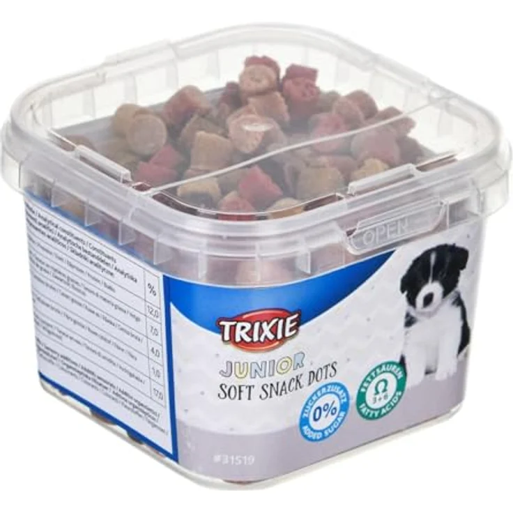 TRIXIE Junior Soft Snack Dots, Hundesnacks mit Huhn und Lachs, enthalten Omega-3- und Omega-6-Fettsäuren, 140 g – Bild 1