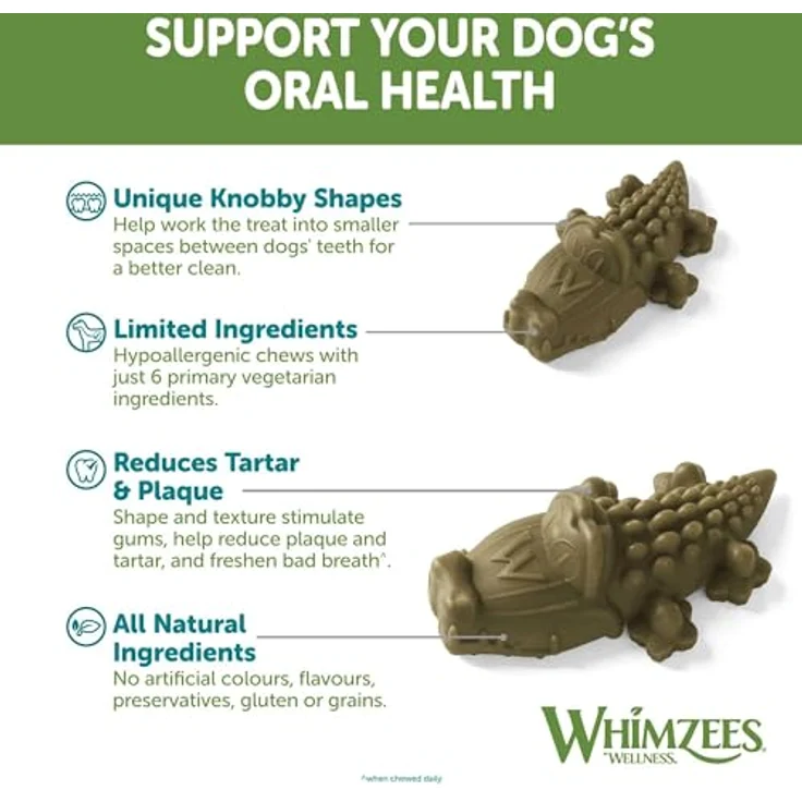 WHIMZEES Krokodile S, glutenfreie und vegetarische Hundesnacks zur Plaque- und Zahnsteinbeseitigung, 150 Stück im Display (1 x 2.25 kg) – Bild 5