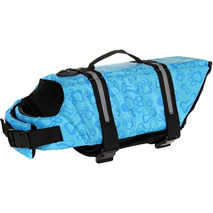 Izefia Hund Schwimmweste S, Sicherheitsmantel für kleine und mittlere Hunde, blau mit Knochenmuster, verstellbare Träger, D-Ring für Leine – Bild 1