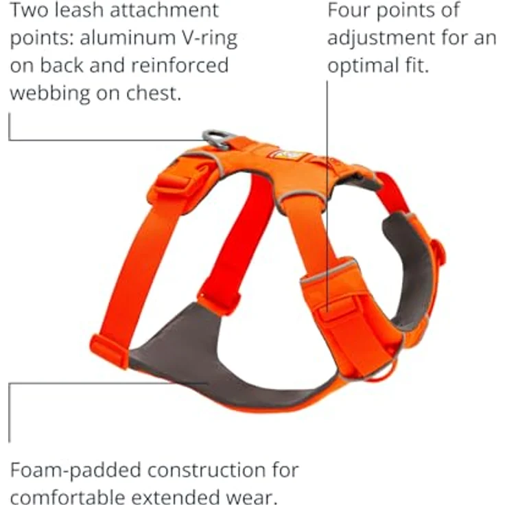 Ruffwear Front Range Hundegeschirr, reflektierendes verstellbares Y-Geschirr mit 2 Leinenbefestigungen und V-Ring, bequem gepolstert, Blaze Orange, Größe XS – Bild 3