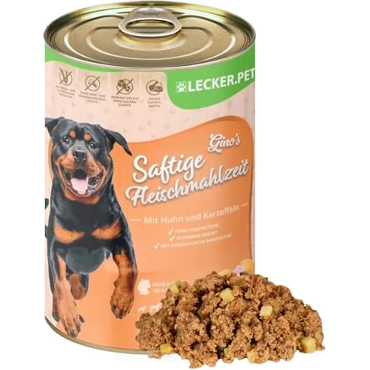 Lyra Pet Gino's Saftige Fleischmahlzeit mit Huhn & Kartoffeln, 6 x 400 g, getreidefreies Hundenassfutter, reich an Proteinen & Mineralien, magenfreundlich