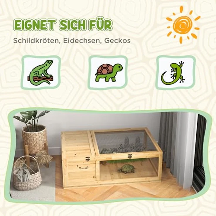 PawHut Schildkrötenhaus Holz, aufklappbare Oberseite, erweiterbarer Reptilienkäfig mit Netz-Dach, Gelb – Bild 6