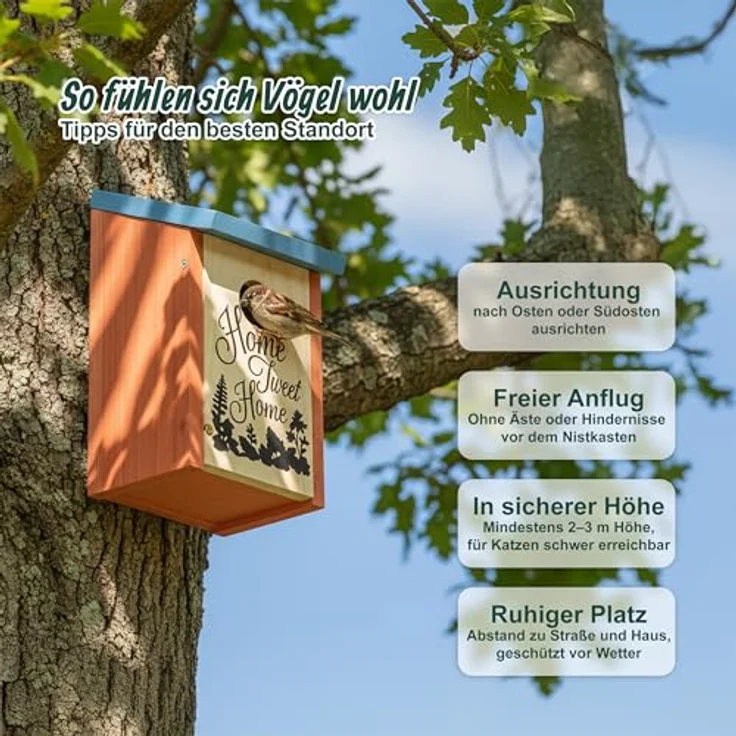 Relaxdays Nistkasten für Meisen & Spatzen, Vogelhaus mit Reinigungsklappe, Holz, 32 mm Einflugloch, orange/blau – Bild 2