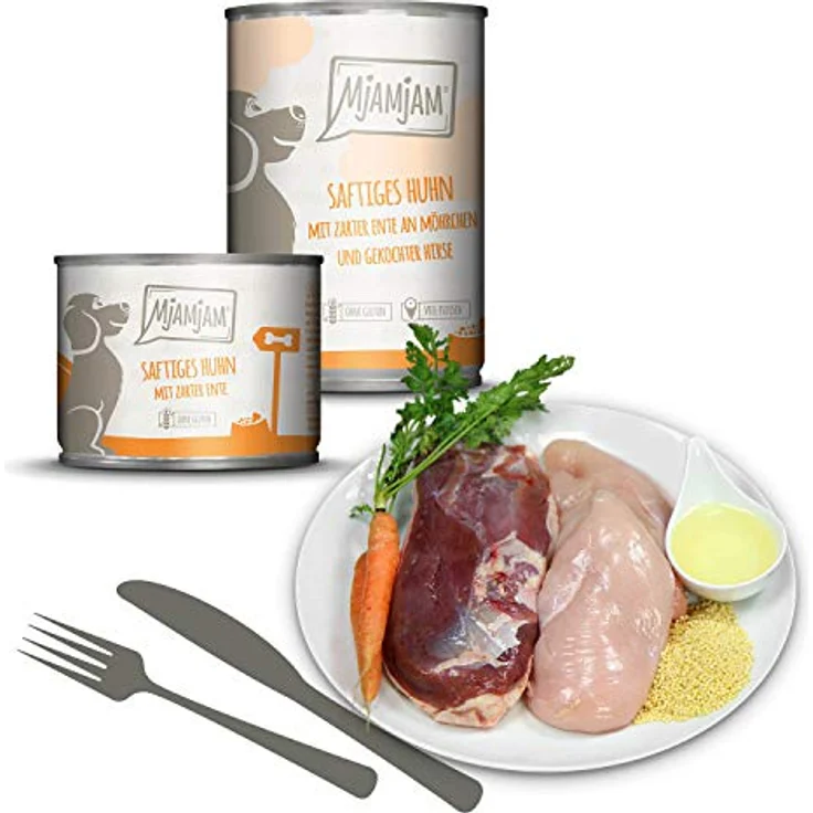 MjAMjAM Premium Nassfutter für Hunde Mixpaket II, mit Huhn & Ente, Rind, Pute, Kalb, Truthahn, Lamm, 6er Pack (6 x 200 g), naturbelassen, glutenfrei, extra hoher Fleischanteil – Bild 5