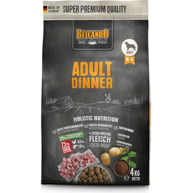 BELCANDO Adult Dinner, Hundefutter für ausgewachsene Hunde, 4 kg, mit frischem Fleisch und aktivem Zellschutz, Alleinfuttermittel für alle Rassen ab 1 Jahr – Bild 1