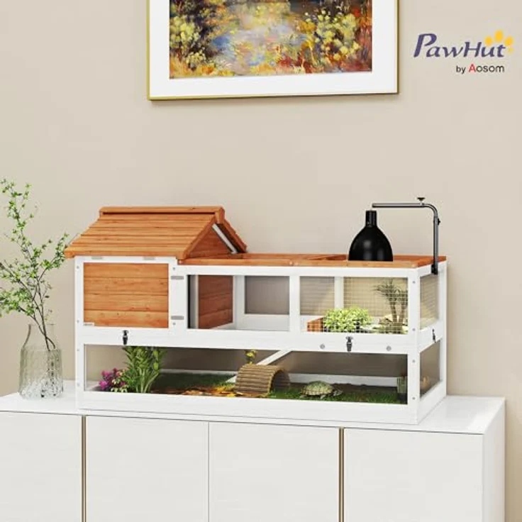 PawHut Kleintierstall mit zwei Haupthäusern, aufklappbarem Dach, Lampenhalter für Schildkröten und Reptilien, 116 x 70,5 x 69,5 cm, Orange – Bild 2