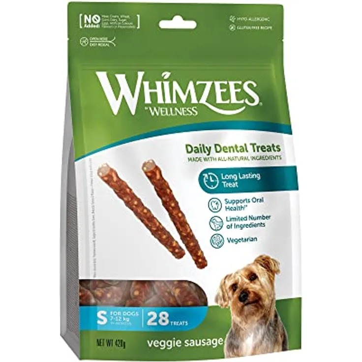 WHIMZEES Veggie-Wurst S, 28 Stück – Größe S, Getreidefreie Kaustangen zur Zahnpflege für kleine Hunde, Natürlich, ohne Zuckerzusatz