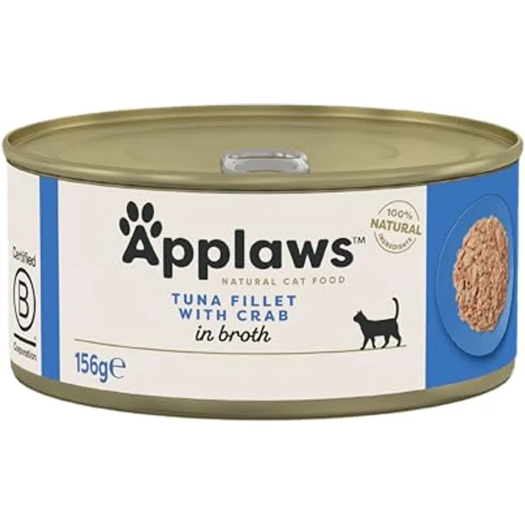 Applaws 100% Natürliches Nassfutter für erwachsene Katzen, Thunfischfilet mit Krabben in Brühe, 156 g Dose (24er Pack)