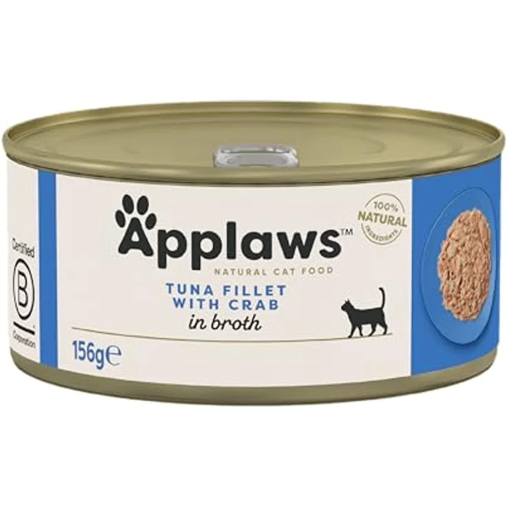 Applaws 100% Natürliches Nassfutter für erwachsene Katzen, Thunfischfilet mit Krabben in Brühe, 156 g Dose (24er Pack) – Bild 1