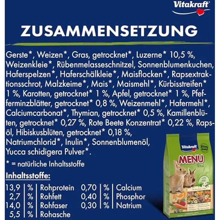 Vitakraft Premium Menü Vital für Zwergkaninchen, artgerechte Mischung mit Rohfaser, Gemüse und Vitalkomplex, 1 kg – Bild 3