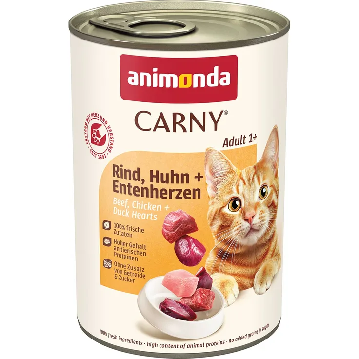 animonda Carny Adult Rind, Huhn und Entenherz, Katzen-Nassfutter, 6x400g, proteinreich und zuckerfrei