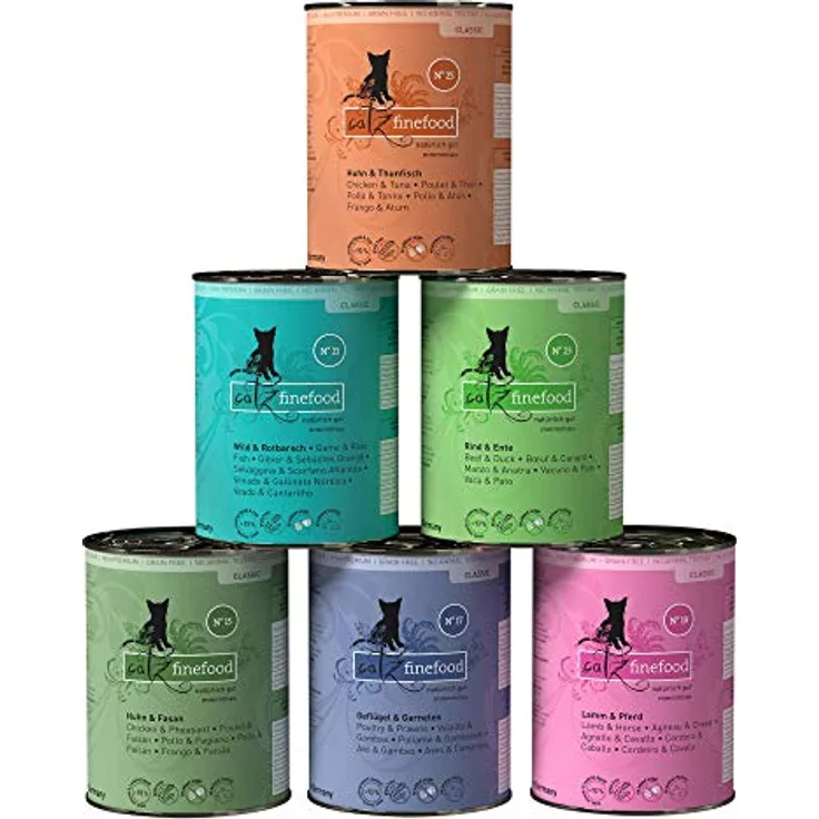catz finefood Feinkost Katzenfutter nass Multipack 2, 6 x 400g Dosen mit Huhn, Thunfisch, Rind, Rotbarsch, Lamm, Garnelen und Wild, hoher Fleischanteil, artgerecht, hergestellt in Deutschland