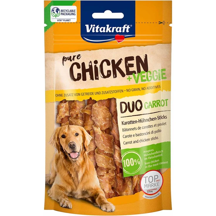 Vitakraft CHICKEN Veggie Karottenstick+Hühnchen, 80g, Zucker- und Getreidefrei, ohne Geschmacksverstärker und Konservierungsstoffe