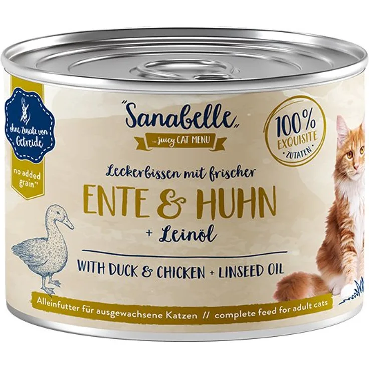 Sanabelle Katzen-Nassfutter mit Ente und Huhn, 6x195g, getreidefrei für ausgewachsene Katzen