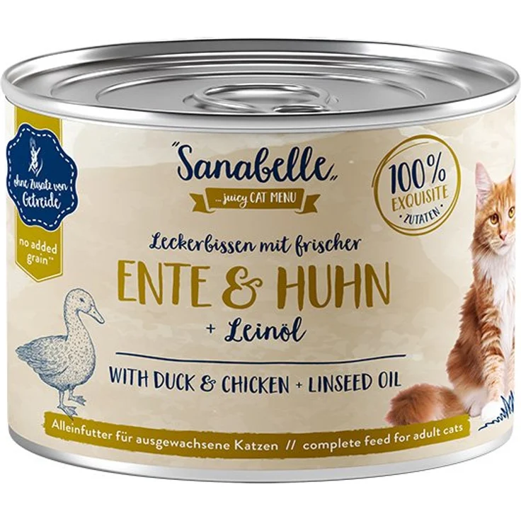 Sanabelle Katzen-Nassfutter mit Ente und Huhn, 6x195g, getreidefrei für ausgewachsene Katzen