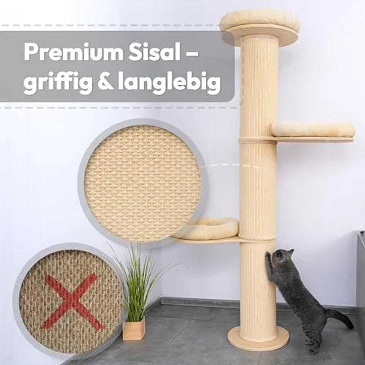 PET VIOLET Kratzbaum wandmontiert 185 cm hoch, XXL Katzenbaum mit 3 Plattformen, Premium Sisal Säulen, abnehmbare und waschbare Kissen, stabil und platzsparend, Beige – Bild 3