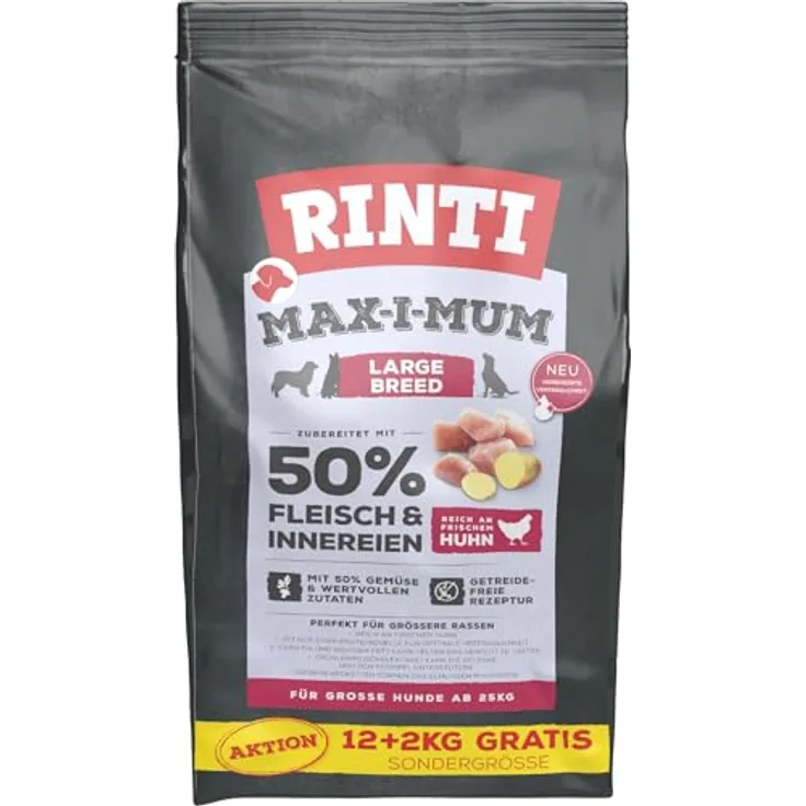 RINTI Max-i-Mum Large Breed, Trockenfutter für große Hunde mit 50% Huhn & Innereien, getreidefreies Alleinfutter, 12+2kg Beutel