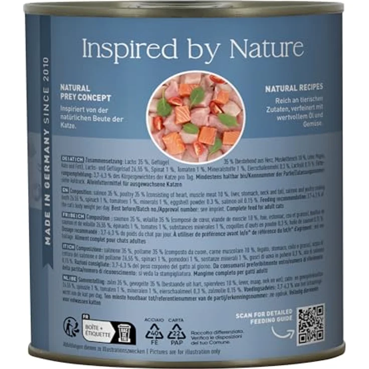 catz finefood N° 5 Lachs & Geflügel Feinkost Katzenfutter nass, 36% Lachs & 35% Geflügel, verfeinert mit Spinat & Tomate, 6 x 800g Dosen – Bild 3