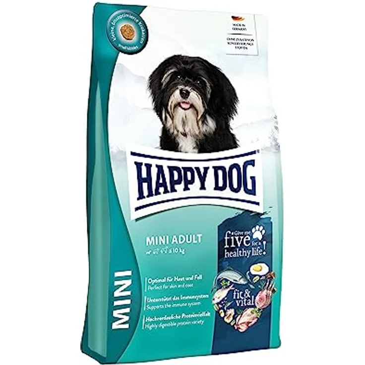 Happy Dog fit & vital Mini Adult, Hunde-Trockenfutter mit bissoptimierten Kroketten, 4 kg, unterstützt Immunsystem, für Haut und Fell