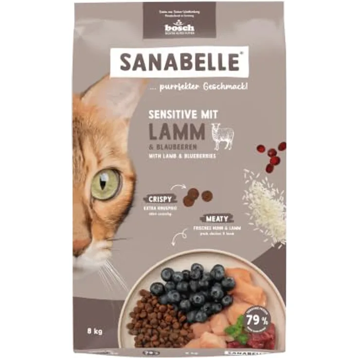 Sanabelle Trockenfutter Katze, Adult, Sensitive mit Lamm, 8 kg, leicht verdaulich, ohne Zucker, reich an frischem Muskelfleisch