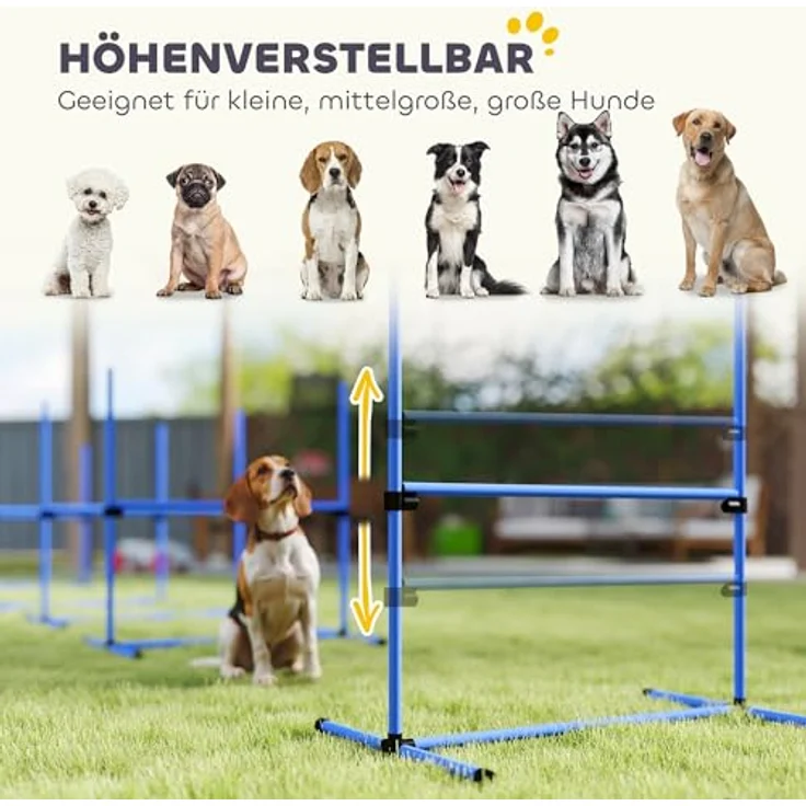PawHut Agility Hürdenset, Slalom Stangen Hunde Training Set mit 4 Hürden, Kunststoff, Blau, 95x65x95cm, höhenverstellbar, inkl. Tragetasche – Bild 3
