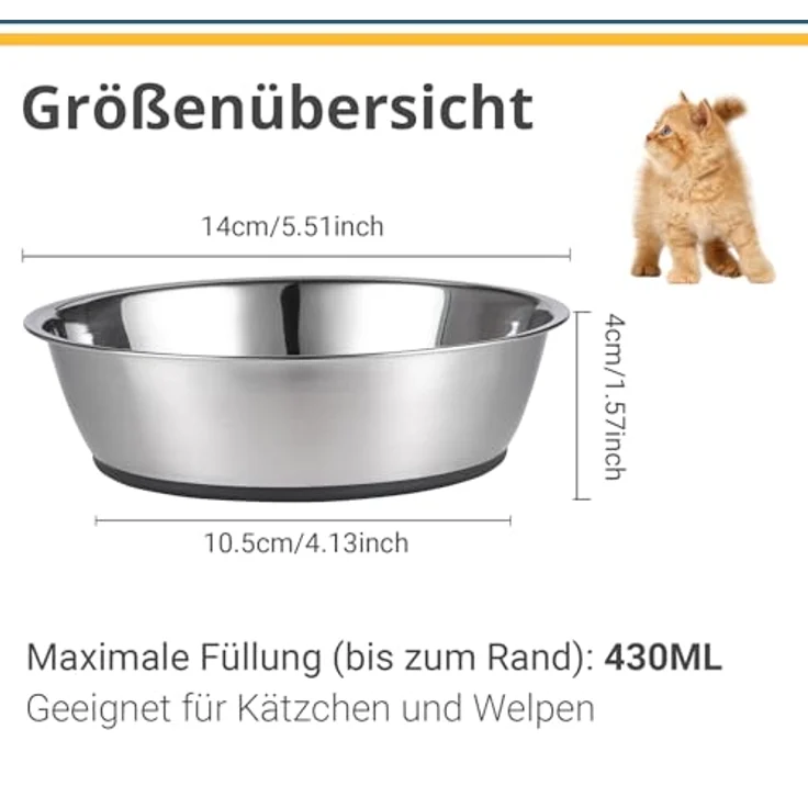 PEGGY11 Edelstahl Futternapf für Katzen & kleine Hunde, 430 ml, flach, rutschfest mit Silikonboden, spülmaschinenfest, 2er Set – Bild 2