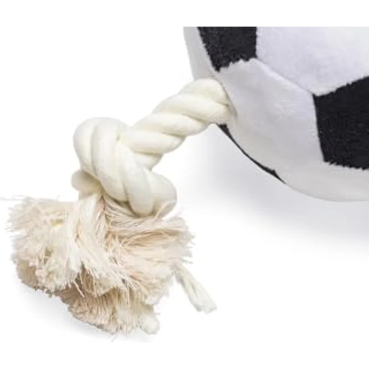 Beeztees Hundespielzeug Fußball mit Seil, plüschig, schwarz/weiß, für Apportieren und Zerrspiele – Bild 2