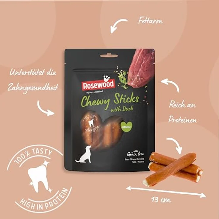 Rosewood Chewy Sticks Ente Medium – Kausnacken mit getrockneter Ente und Rinderhaut, fördert die Zahngesundheit, ohne Getreide, ohne künstliche Zusatzstoffe, 100 g – Bild 3