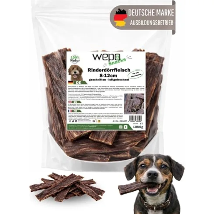 WEPO Rinderdörrfleisch Hund, 1kg Pansen/Rinderschlund getrocknet, 8-12cm Kausnacks, 100% Rind, getreidefrei, perfekt für Zahnpflege und Kaubedürfnis