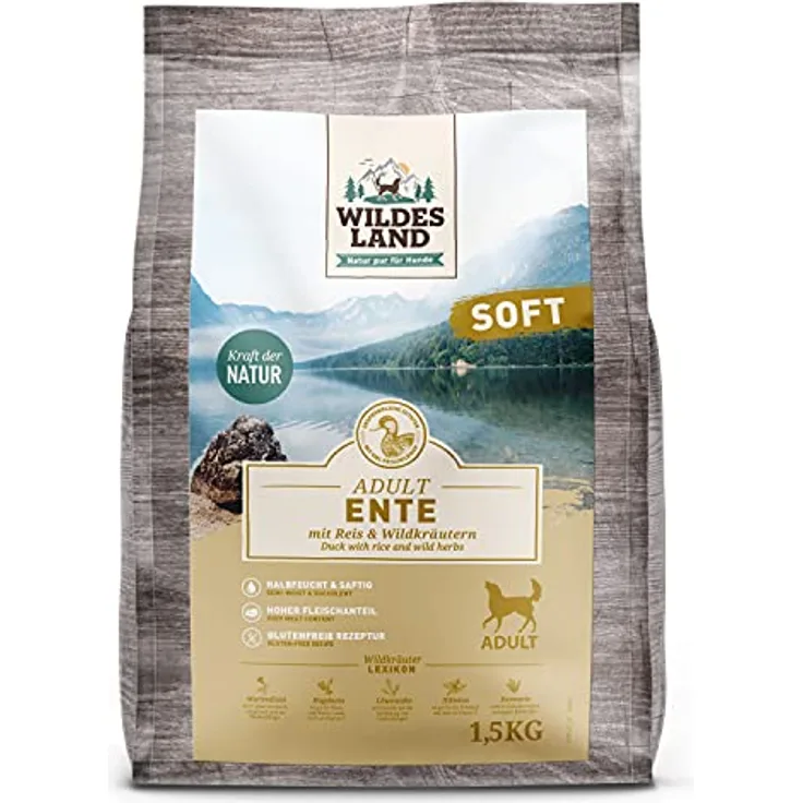 WILDES LAND Halbfeuchtes Trockenfutter für Hunde Ente, 1,5 kg, glutenfrei, mit Reis und Wildkräutern, extra viel Fleisch, für alle Hunderassen