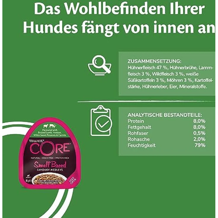 Wellness CORE Small Breed Savoury Medleys, Hundefutter nass für kleine Hunde, Farmer Selection Mix, 6 x 85 g, getreidefrei, hoher Fleischanteil, ohne Zuckerzusatz – Bild 4
