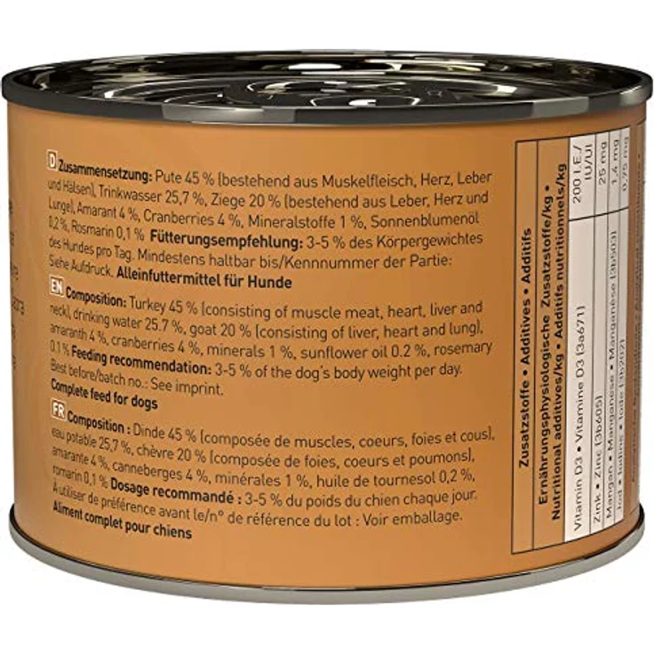 Dogz finefood Hundefutter nass N° 8 Pute & Ziege, getreidefrei & zuckerfrei, hoher Fleischanteil 65%, 6 x 200 g Dose – Bild 2